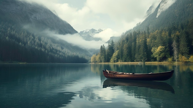 Una foto di una canoa su un calmo lago di montagna