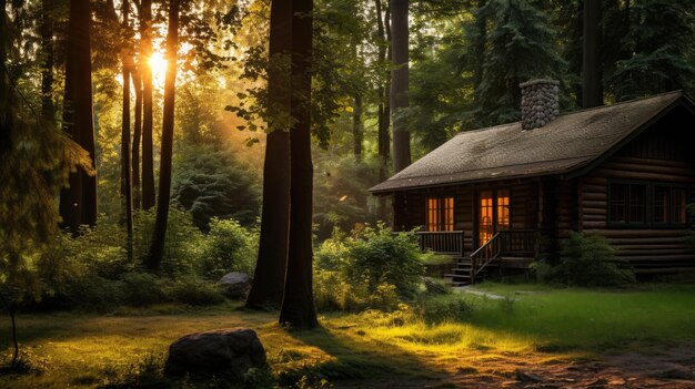 Una foto di una capanna di legno annidata in una foresta di luce solare calda