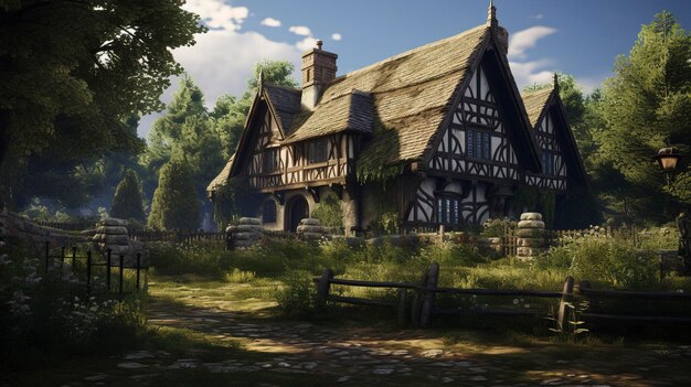 Una foto di una casa Tudor in un contesto rurale