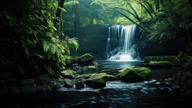 Una foto di una cascata in una foresta lussureggiante con un'illuminazione nuvolosa