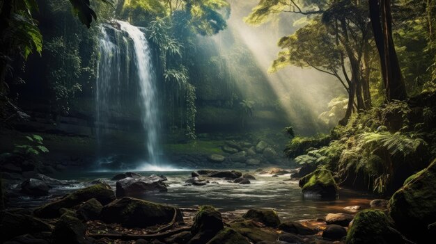 Una foto di una cascata in una giungla nebbiosa screziata dalla luce del sole