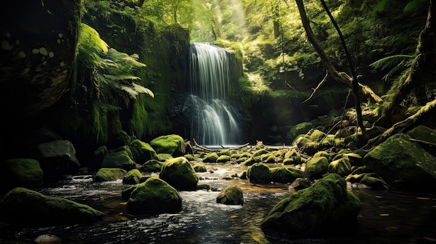 Una foto di una cascata nascosta sullo sfondo delle rocce muschiose della foresta