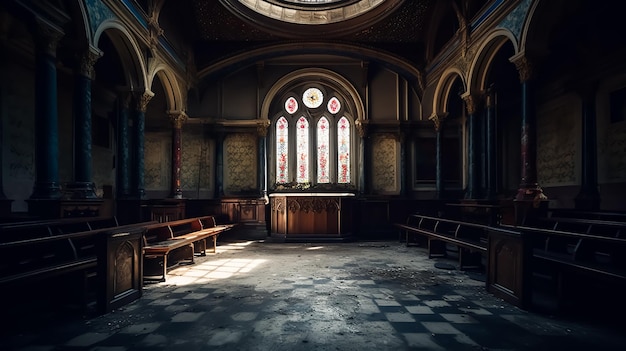 Una foto di una chiesa con una vetrata al centro