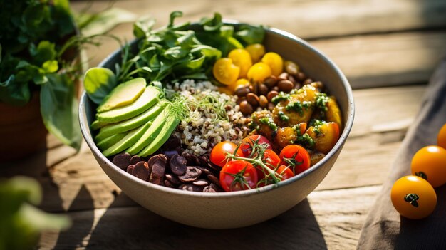 Una foto di una ciotola di cereali a base vegetale in un contenitore ecologico