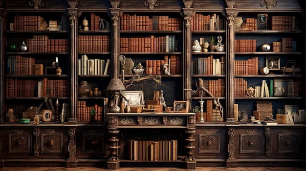 Una foto di una classica libreria in legno