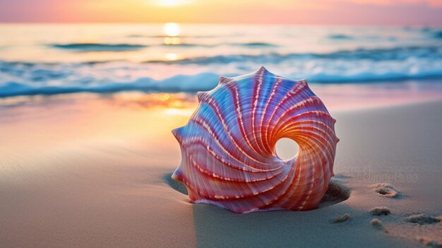 Una foto di una conchiglia a spirale sullo sfondo di una spiaggia tropicale