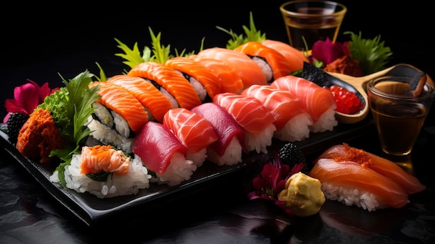 Una foto di una consegna di cibo giapponese con sushi roll e sashimi