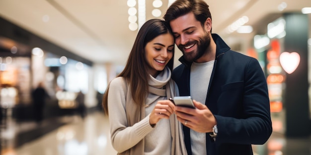 Una foto di una coppia felice in un centro commerciale con gli smartphone in mano sullo sfondo sfocato