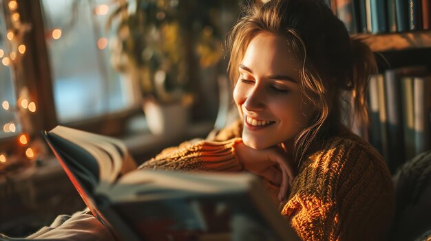 Una foto di una donna adorabile che legge libri nella sua stanza di casa. AI generativa