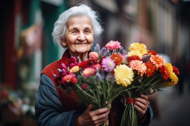 Una foto di una donna anziana che tiene in mano un mazzo di fiori freschi