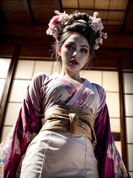 una foto di una donna che indossa un kimono giapponese