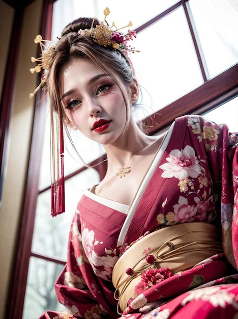 una foto di una donna che indossa un kimono giapponese