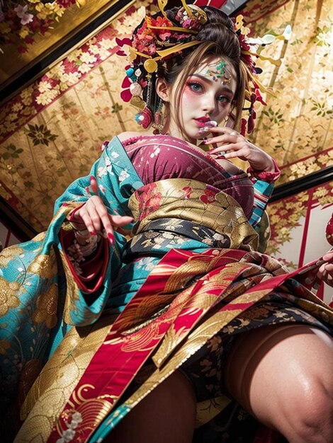 una foto di una donna che indossa un kimono giapponese