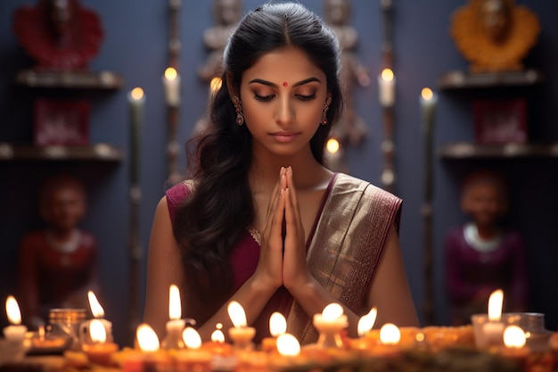 Una foto di una donna che lavora in un'azienda che prega Dio durante il festival di Diwali