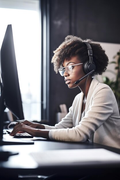 Una foto di una donna che usa un auricolare mentre è seduta davanti al suo computer creata con l'AI generativa