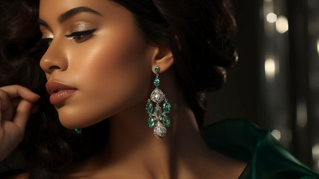 Una foto di una donna con splendidi orecchini di smeraldi e un anello abbinato