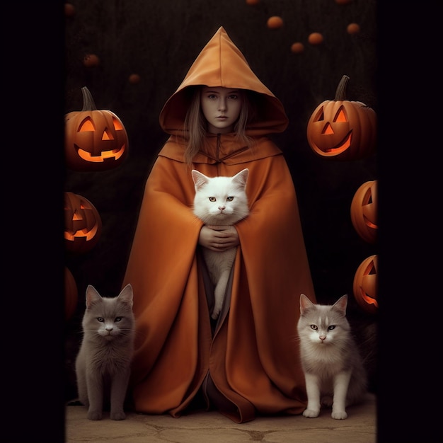 una foto di una donna e dei suoi gatti con una zucca.