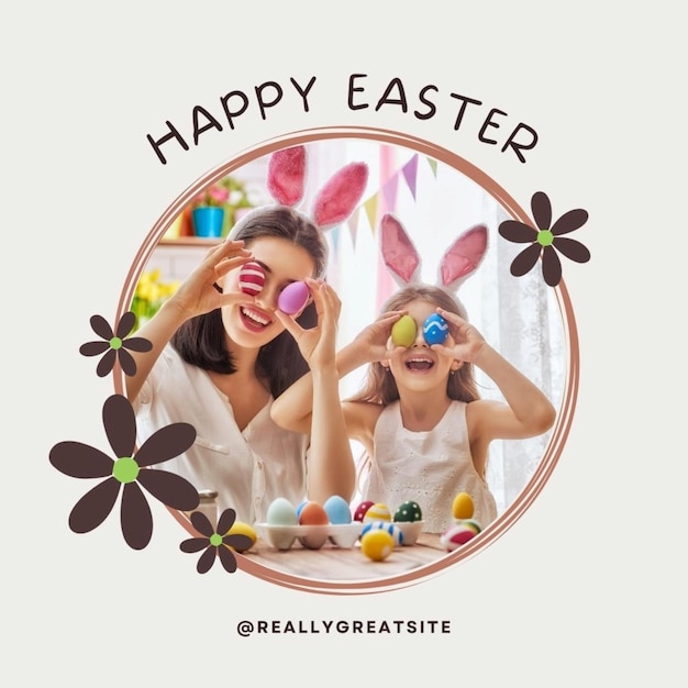 una foto di una donna e sua figlia con le uova di Pasqua sullo sfondo