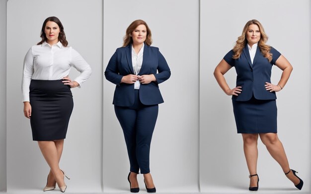 Una foto di una donna grassa con abbigliamento da ufficio e un background di manager di taglia Plus