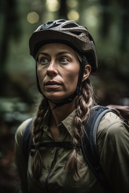 Una foto di una donna in mountain bike in natura