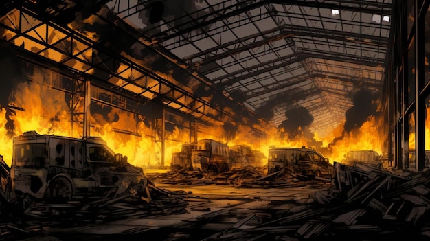una foto di una fabbrica in fiamme