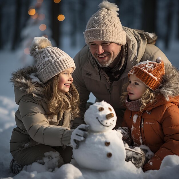 Una foto di una famiglia che fa un pupazzo di neve