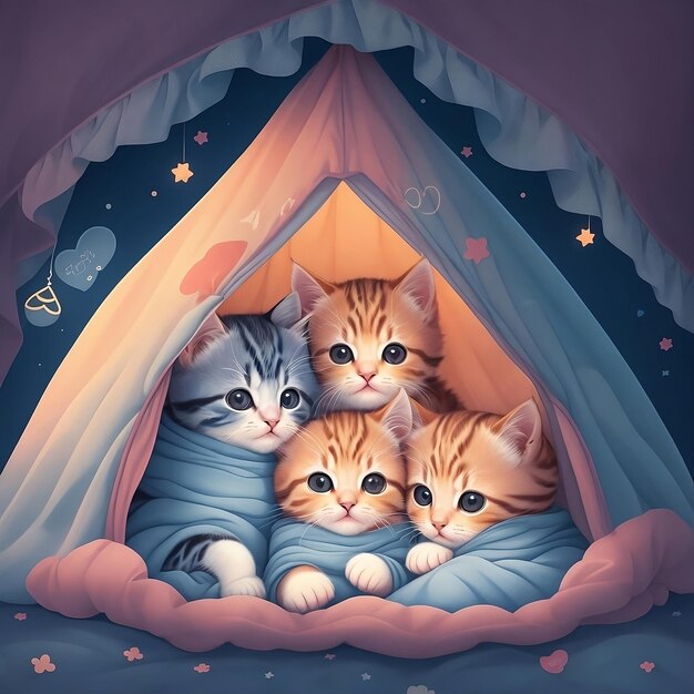 una foto di una famiglia di gatti in una tenda