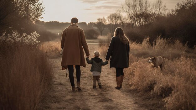 Una foto di una famiglia di tre persone che camminano mano nella mano