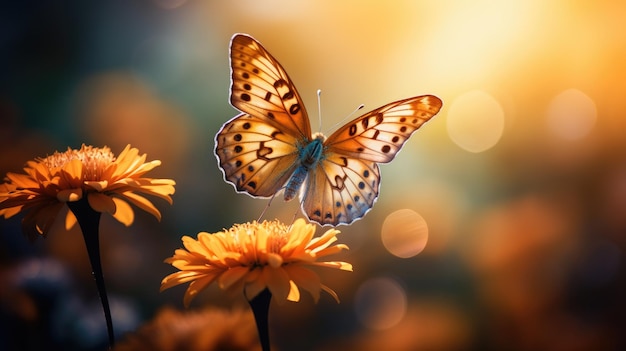 Una foto di una farfalla color caramello su una fiore morbida luce mattutina