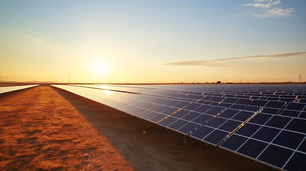 Una foto di una fattoria solare con file di pannelli fotovoltaici