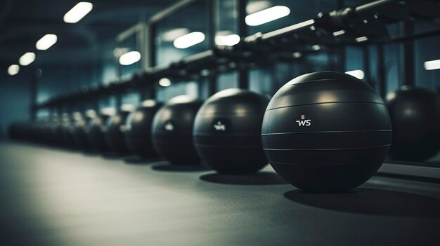 Una foto di una fila di palle di medicina in una struttura di fitness