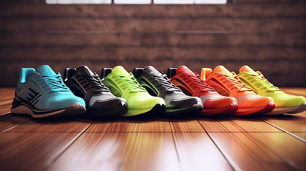 Una foto di una fila di scarpe da ginnastica per diversi sport