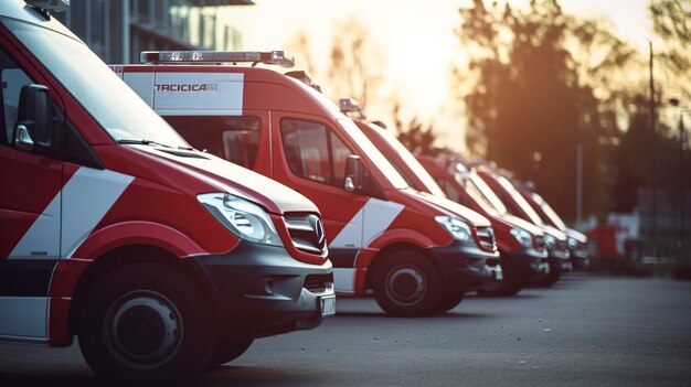 Una foto di una flotta di ambulanze parcheggiate in fila