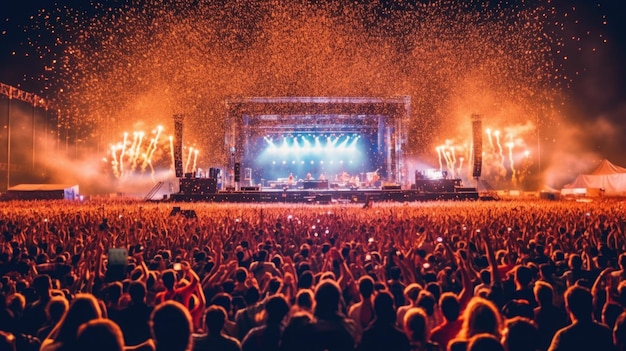 Una foto di una folla di concerti all'aperto che festeggia, luci sul palco, concerti dal vivo, festival di musica estiva.