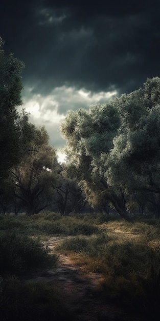 Una foto di una foresta con un cielo nuvoloso