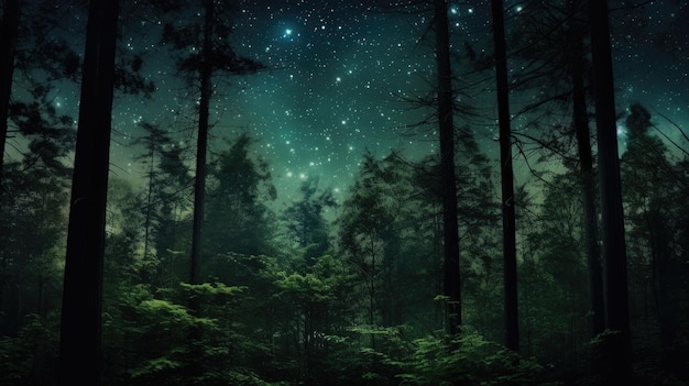 Una foto di una foresta con uno sfondo notturno stellato e alberi alti che raggiungono il cielo