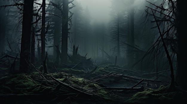Una foto di una foresta infestata con uno sfondo nebbioso e un'illuminazione debole