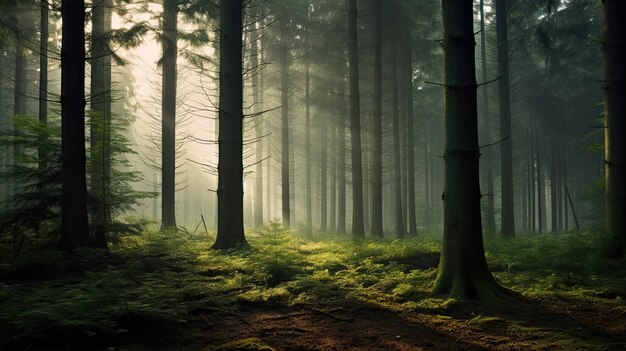 Una foto di una foresta nebbiosa con alberi ad alto fusto, morbida luce mattutina