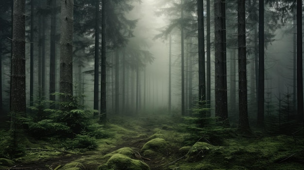 Una foto di una foresta nebbiosa con un'illuminazione grigia e nebbiosa.