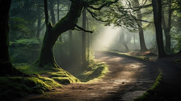 Una foto di una foresta nebbiosa con un sentiero tortuoso a luce diffusa