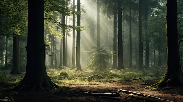 Una foto di una foresta nebbiosa con una morbida luce solare che filtra attraverso gli alberi