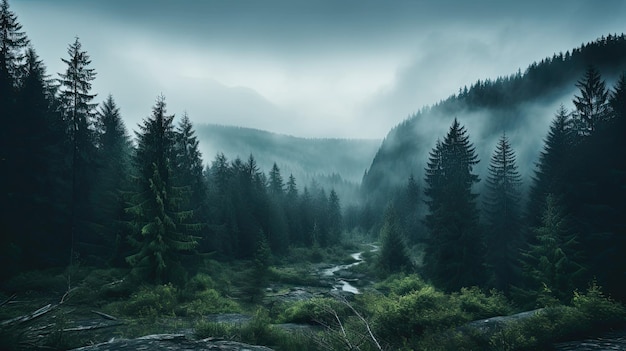 Una foto di una foresta nebbiosa coperta da un cielo nuvoloso