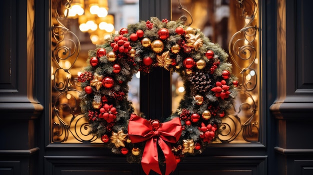 Una foto di una ghirlanda natalizia splendidamente decorata con fiocchi rossi vivaci e accenti dorati