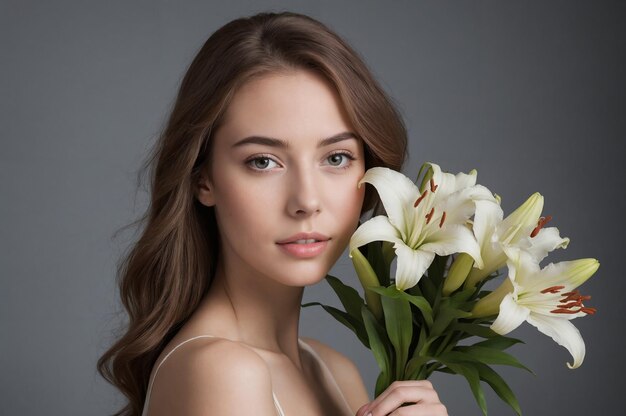 Una foto di una giovane donna che tiene in mano un mazzo di fiori di giglio