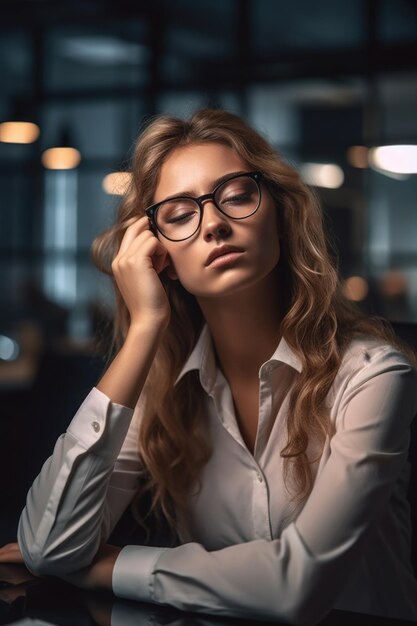 Una foto di una giovane donna d'affari che sembra stressata in un ufficio