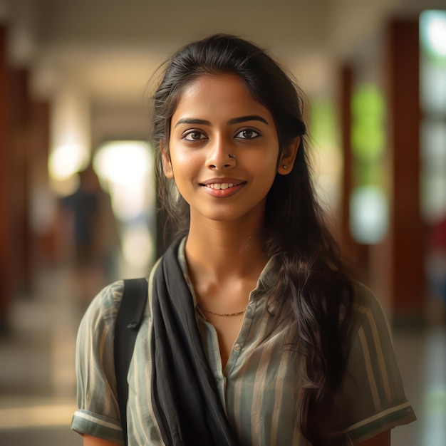 una foto di una giovane donna indiana sui 25 anni, studentessa universitaria che tiene un libro sul petto