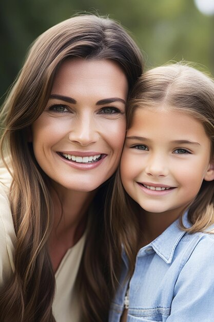 Una foto di una giovane madre e figlia che sorridono insieme alla telecamera