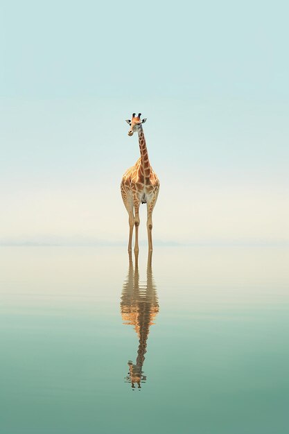 Una foto di una giraffa africana che rimane nel lago d'acqua con il suo riflesso su un cielo azzurro neutro sullo sfondo