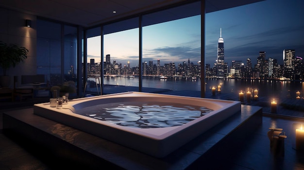 Una foto di una jacuzzi spa con una vista dello skyline della città