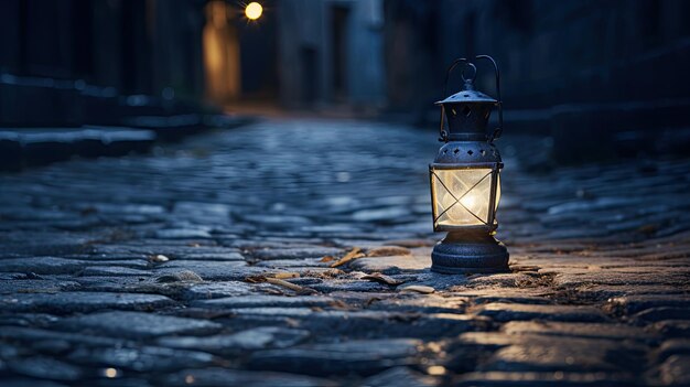 Una foto di una lanterna di un narratore su un sentiero di ciottoli un bagliore morbido